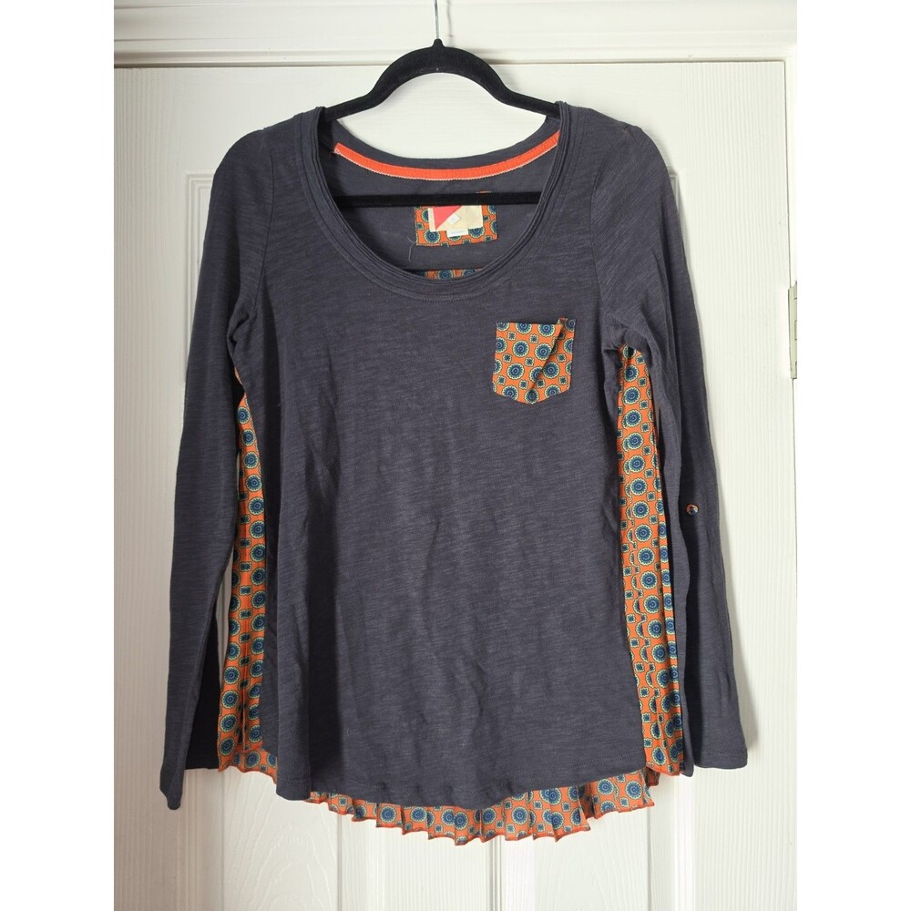 Anthropologie Orange Boho Print Pleated Longsleeve Shirt Size S